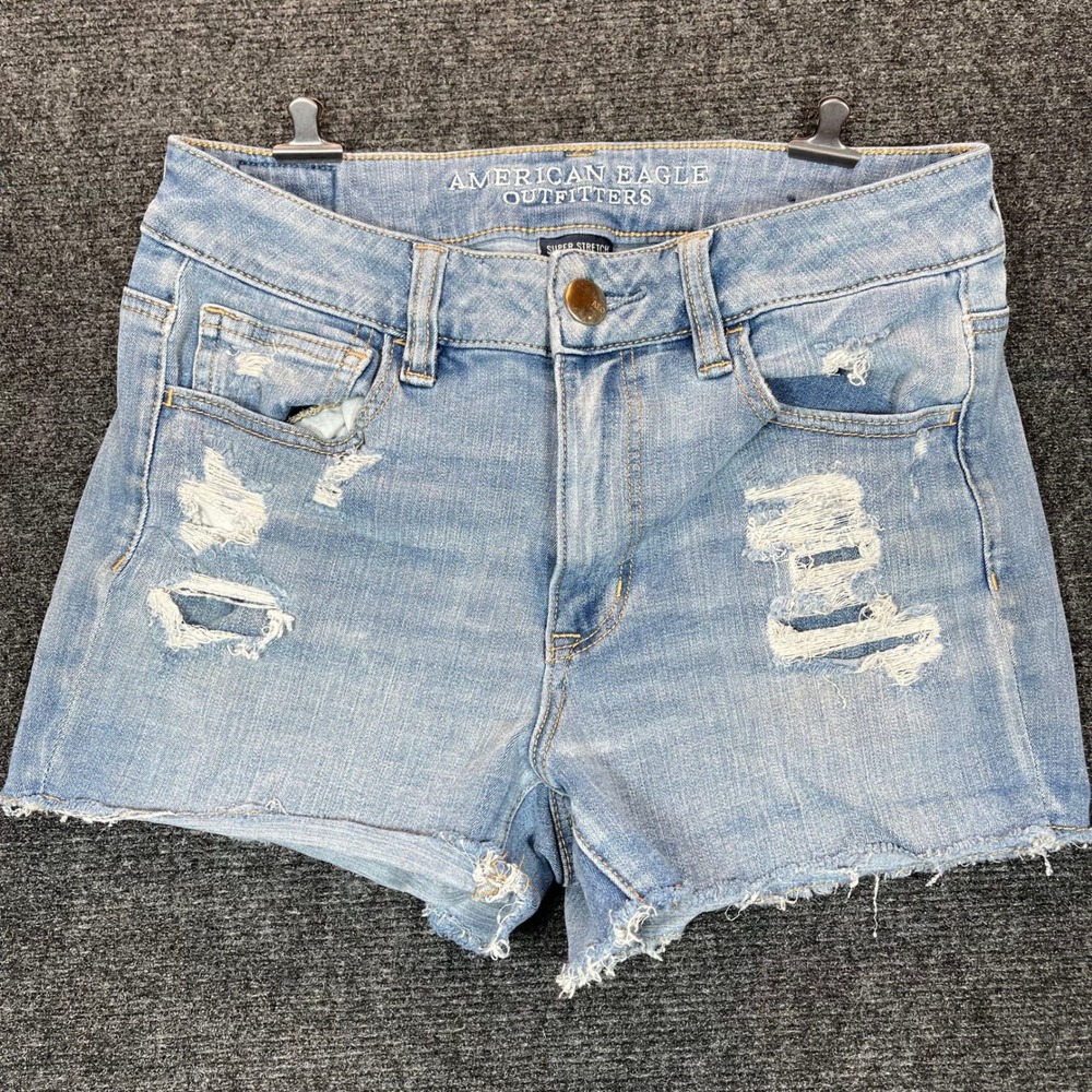 American Eagle Y2K Shortie Shorts 8 Distressed Super Stretch Cutoff‎ Light Wash